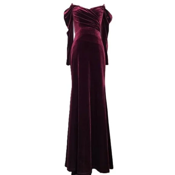 NEW $745 THEIA ANITA OFF THE SHOULDER VELVET GOWN DRESS IN CRIMSON ROSE SIZE 4 - Picture 3 of 10